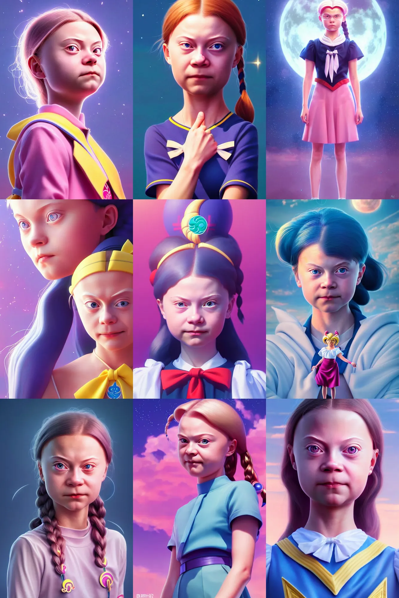 Prompt: Greta Thunberg transforms into Sailor Moon, ultrarealistic and highly detailed, sharp focus and octane render for smooth appearance, 8k, volumetric lighting, digital art by Ilya Kuvshinov and Wlop