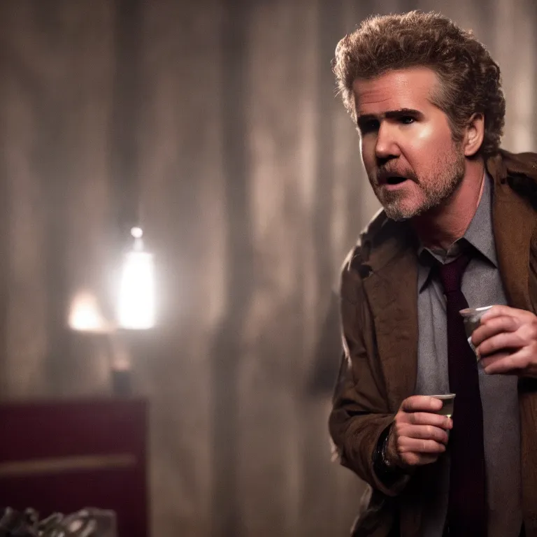 Image similar to will farrell in twin peaks, movie still, 8 k, hdr, atmospheric lighting