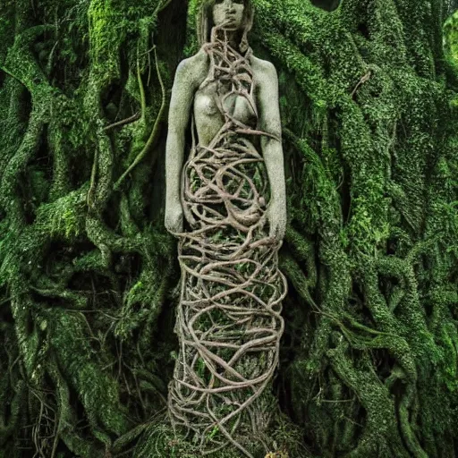 Image similar to A stone statue of a woman covered in vines and moss, hidden in the forest, absurdist art, trees