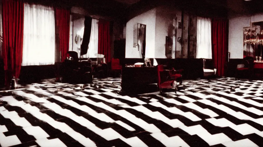 Image similar to cinematography film still of Twin Peaks (1990) the Black Lodge, red curtains, black furniture, white and black chevron floor tile, eerie david lynch cinematography, red room in the black lodge from Twin Peaks, shot on Eastman Kodak 35mm film, red hues, saturated, vintage