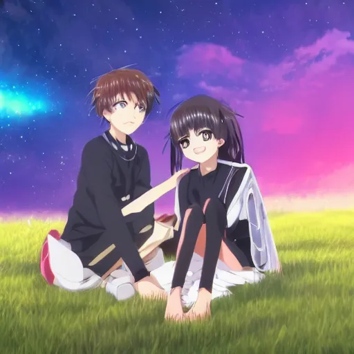 Prompt: an anime key visual of a boy and a girl sitting together on a grassy hill in front of large cosmic skies, trending on artstation, wide shot, ethereal, stunning