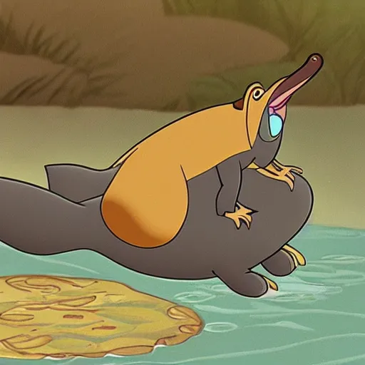 Image similar to a disney animated cartoon of a friendly platypus