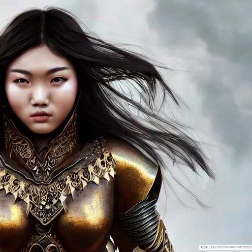 Prompt: a portrait of a full body beautiful asian girl, young with long hair, safi'jiiva armor, horror scene, hyper - realistic, very detailed, intricate, very sexy pose, slight smile expression, unreal engine, by artgerm, wlop and ross thran, dramatic cinematic lighting rendered by octane, 8 k, detailed