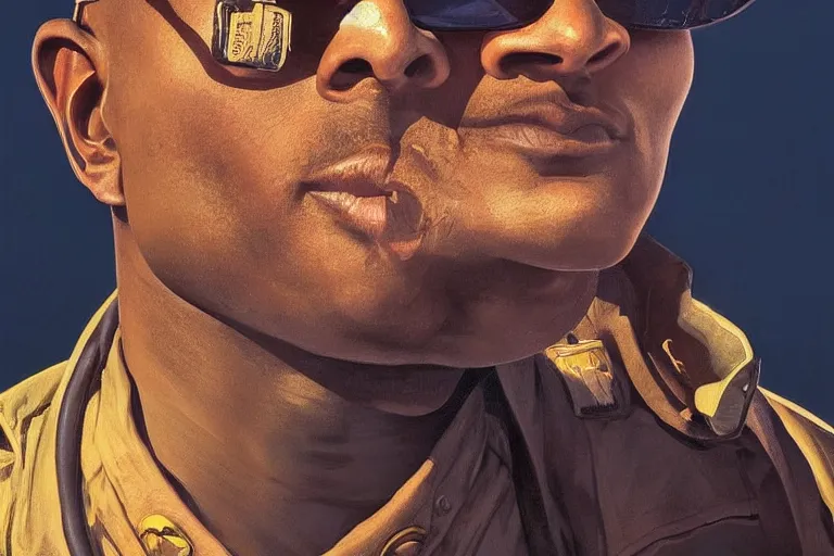 Image similar to Beautiful portrait of a skin glowing male police officer wearing cool shades. wide angle, magic, fire, darkness, dramatic lighting, Africa, intricate, wild, highly detailed, digital painting, artstation, concept art, smooth, sharp focus, illustration, art by artgerm and greg rutkowski and alphonse mucha, footage from space camera