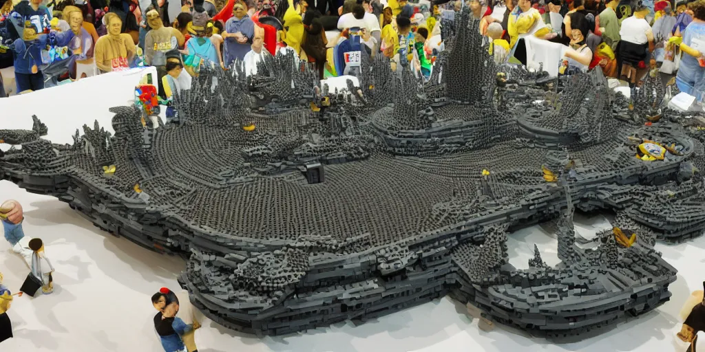 Image similar to wide shot lens photo of a very intricately detailed and epically shaped 3. 5 meter long hovercraft the nebuchadnezzar from the matrix attacked by squid sentinels lego sculpture designed by a master builder as displayed at a lego convention, low angle shot.