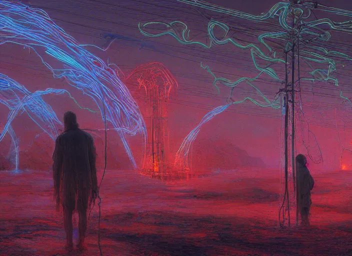 Image similar to Landscape, neon, RGB, glowing wires everywhere, by Edgar Maxence and Ross Tran, Zdzisław Beksiński, and Michael Whelan, distant, gustav dore, H.R. Giger, 8k, octane render