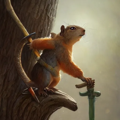 Prompt: a squirrel wizard holding a wooden staff, Justin Gerard and Greg Rutkowski, realistic painting, Digital art, very detailed, High definition, trending on Artstation