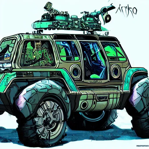 Prompt: froggy mech jeep concept borderland that looks like it is from Borderlands and by Feng Zhu and Loish and Laurie Greasley, Victo Ngai, Andreas Rocha, John Harris