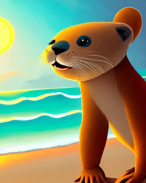 Prompt: a beautiful portrait of a cute anthropomorphic grey otter fursona furry on the beach wearing a wetsuit holding a surfboard, turquoise hair orange nose, smiling, sunset, volumetric light, detailed, by cory loftis, photorealistic, 4 k, hdr, artstation, deviantart, digital illustriation