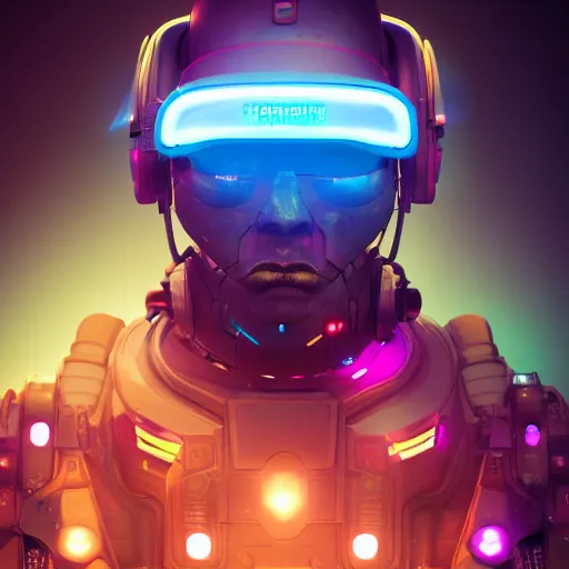 Image similar to cyberpunk concept cool warrior bot, cinema 4 d, galaxy, ufo, space sci - fi, wearing vr goggles, illustration, portrait, pastel neon textured background night, trending on artstation, greg rutkowski, octane rendered, 1 2 k, detailed,