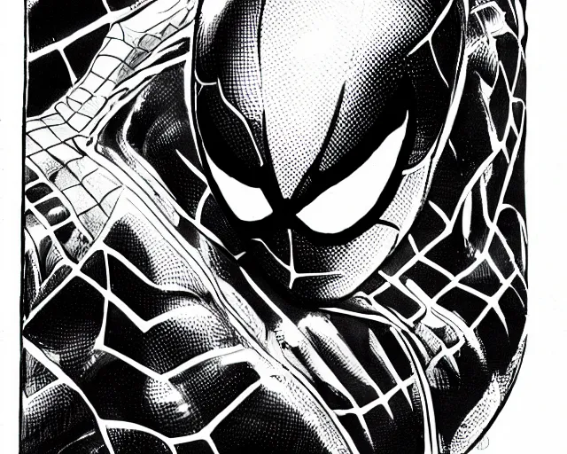 Prompt: photorealistic sketch of black spider - man with gold webbing by steve ditko