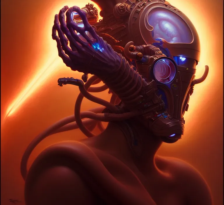 Image similar to a self portrait of you, very detailed, dramatic lighting, electrical details, high details, 4 k, 8 k, trending on artstation, by boris vallejo, greg rutkowski, wayne barlowe, hajime sorayama and peter mohrbacher