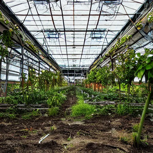 Image similar to a farm inside an abandoned car parking building, concrete, overgrown plants, neon, photo by greg girard