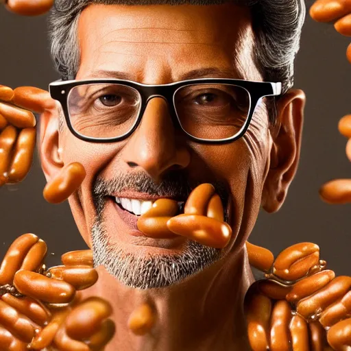 Image similar to jeff goldblum emerging from a pool of baked beans ( sony a 7 r iv, symmetric balance, polarizing filter, photolab, lightroom, 4 k, dolby vision, photography awardm, voque, perfect face )