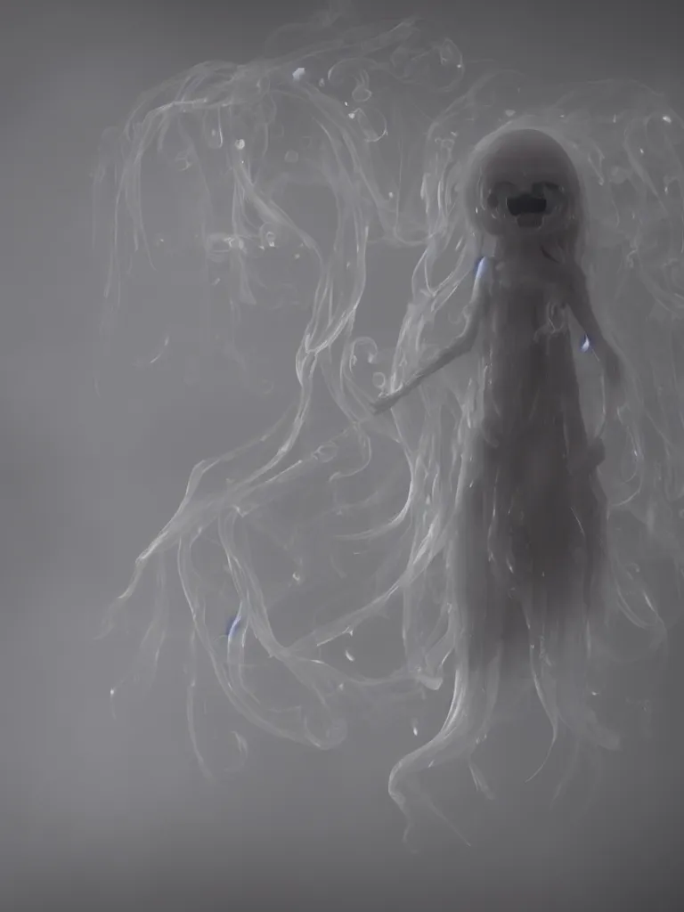 Prompt: cute fumo plush smiling ectoplasmic gothic skeletal jellyfish ghost girl, glowing milky wisps of hazy smoke and volumetric fog, lens flare, subsurface scattering, vignette, asymmetry, bokeh, refraction, vray