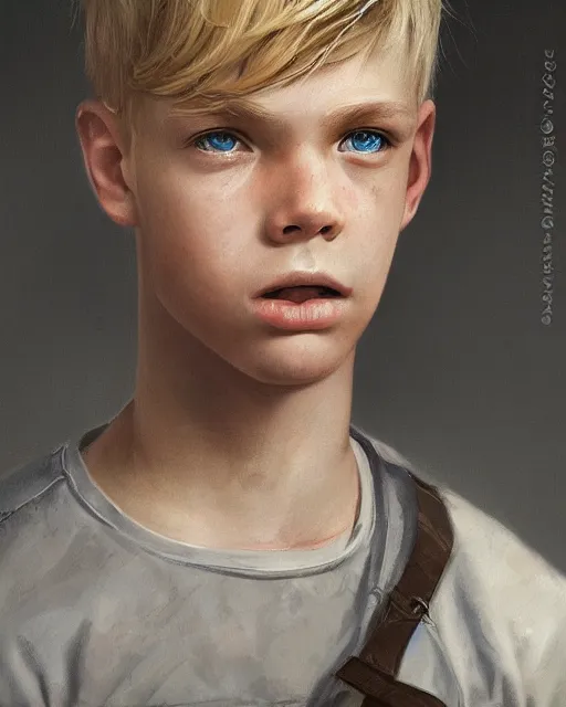 Image similar to portrait of 1 5 - year - old boy with blonde hair, round - face, and slightly buck - toothed, hyper realistic face, beautiful eyes, fantasy art, in the style of greg rutkowski, intricate, hyper detailed, smooth