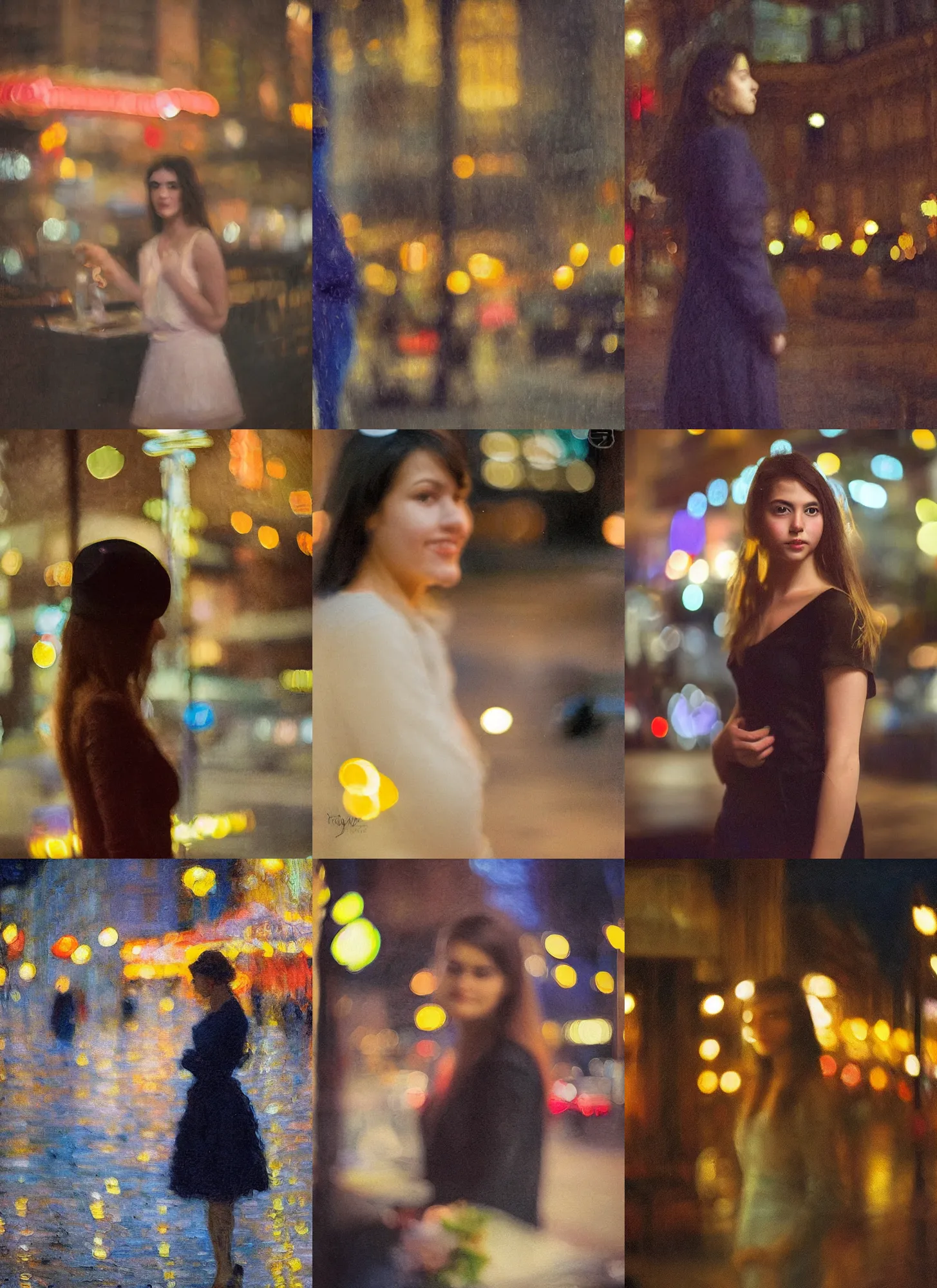 Prompt: an impressionist portrait painting of a beautiful young woman by frank weston benson, paris cafe at night with city lights bokeh background,!!! shallow depth of field!!!, canon 5 0 mm!! tilt - shift!! lens f 1. 2