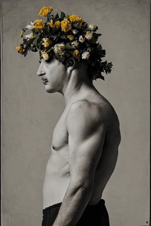 Image similar to a man's face in profile, clean shaven, made of flowers and fruit, in the style of the Dutch masters and Gregory crewdson, dark and moody