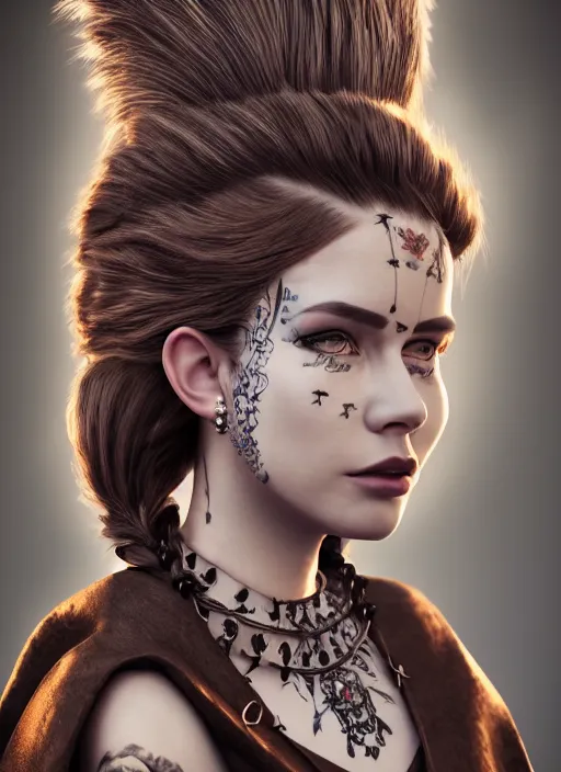 Image similar to a beautiful portrait of a beautiful girl with piercings in a collar with a mohawk hairstyle in a medieval dress, behance hd, oliver mark, global illumination, detailed and intricate environment