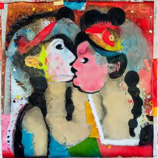 Prompt: two women kissing at a carnival in summer, mixed media collage, retro, paper collage, magazine collage, acrylic paint splatters, bauhaus, claymation, layered paper art, sapphic visual poetry expressing the utmost of desires by jackson pollock