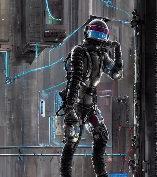 Image similar to realistic cyberpunk japanese engineer with long limbs and a black spacesuit welding a wall, techwear, dead space, visible face, Industrial Scifi, detailed illustration, character portrait, by Martin Grip and Moebius