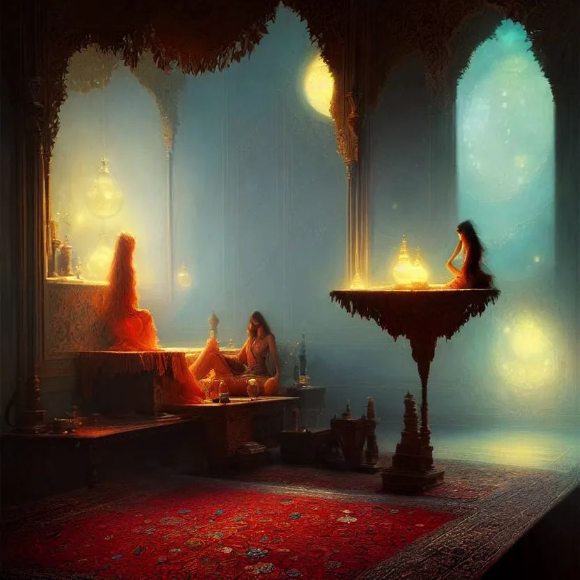 Image similar to magic fluffy Persian carpet dimension, by Greg Rutkowski and Gaston Bussiere, dim lighting, beautiful volumetric-lighting-style atmosphere, surreal atmosphere, intricate, detailed, photorealistic imagery, artstation