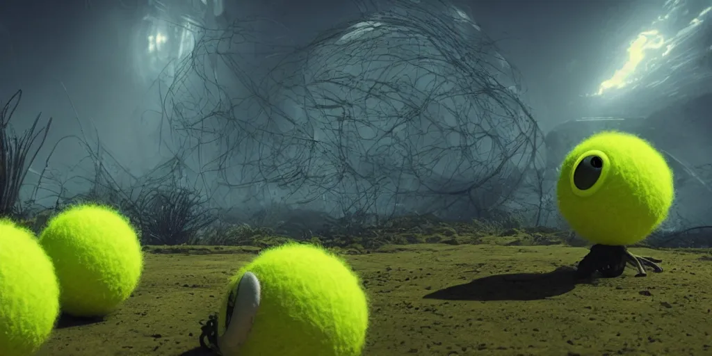 Image similar to a photo of 8 k ultra realistic tennis ball monster, tennis ball monsters, alien exotic, cinematic lighting, trending on artstation, 4 k, hyperrealistic, focused, high details, unreal engine 5, cinematic, alien planet atmosphere in background, 3 d render by basil gogos and beeple