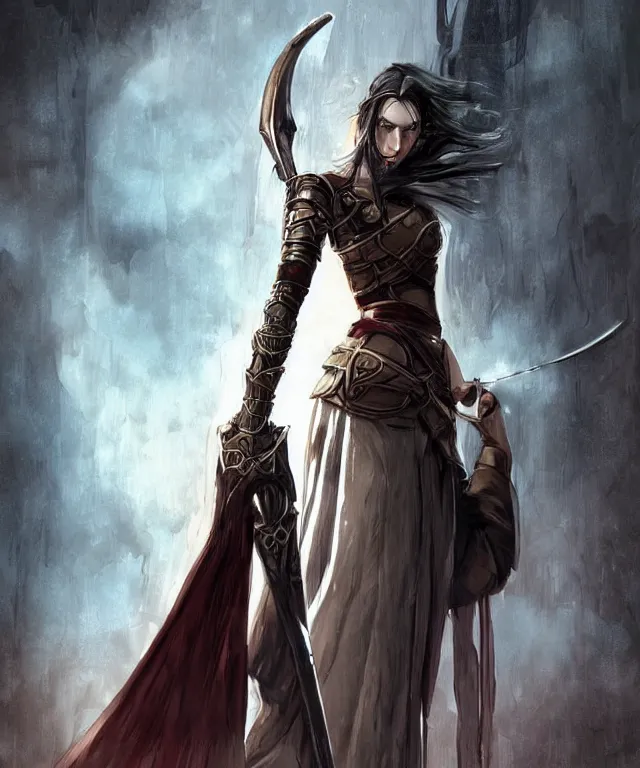 Prompt: photo drawing painting portrait of a noble young woman with a sword in style of game art lord of the rings banner saga ashes of gods gantz miura kentaro photorealistic cyberpunk steampunk frank miller alex ross giger trending