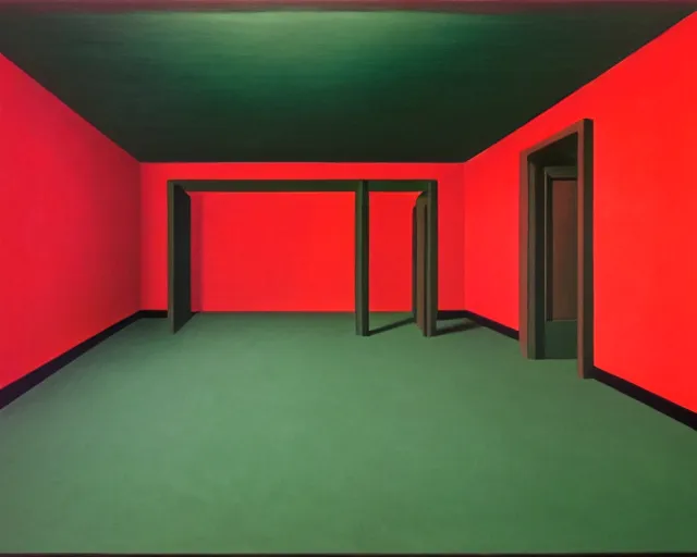 Image similar to city sized clay sculpture in a huge room. a green red and black painting by Magritte