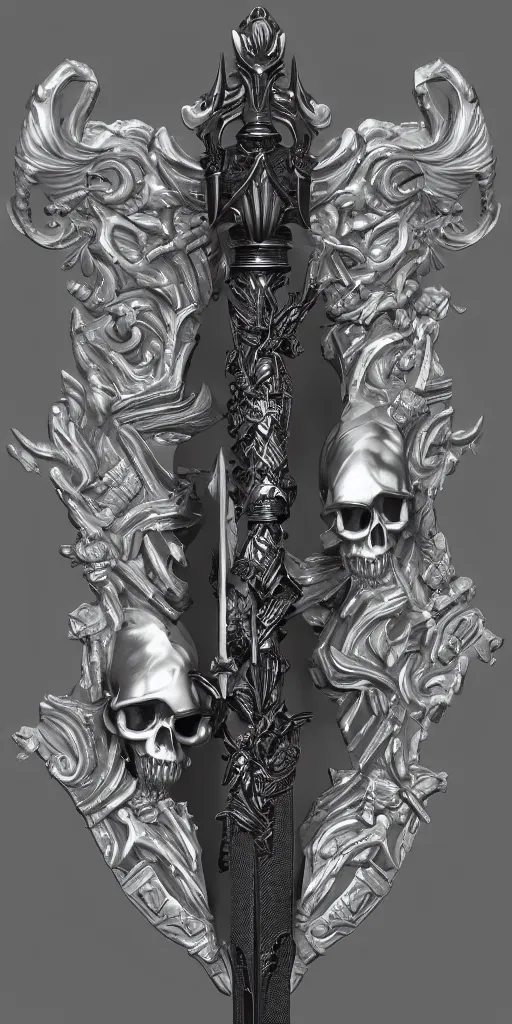 Image similar to a black and silver sword skull crest, ornament, weapon, a 3 d render by dom qwe, trending on polycount, artstation, hard surface modeling, zbrush, symmetry