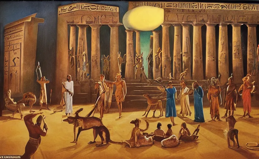 Image similar to a 1 9 5 0's technicolor cinematic scene of actors playing egyptian gods with animal heads, having a ceremony in a moonlit temple in karnak, realism, superior lighting, atmospheric