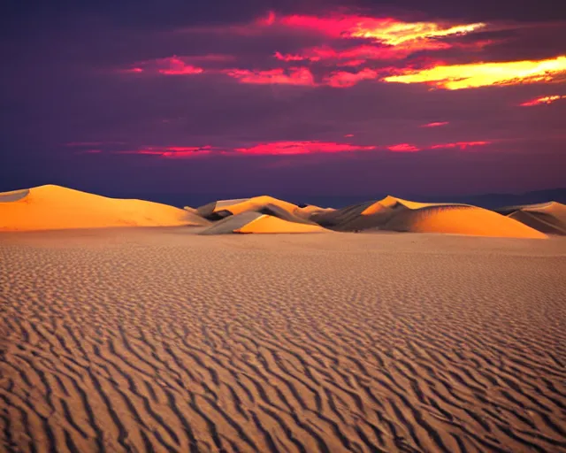 Image similar to sand dunes, empty abandoned shacks, setting sun, black, purple, and red