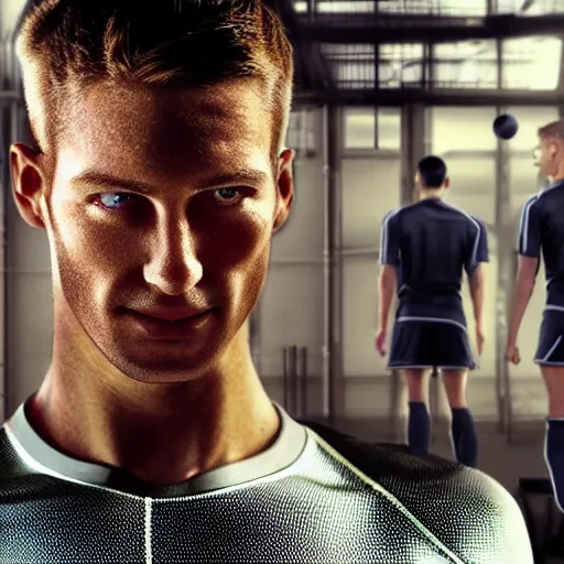 Image similar to a realistic detailed photo of a guy who is an attractive humanoid who is half robot and half humanoid, who is a male android, attractive and handsome soccer players, shiny skin, posing like a statue, blank stare, in a factory, on display, showing off his muscles, wearing soccer shorts, side view, looking at each other mindlessly