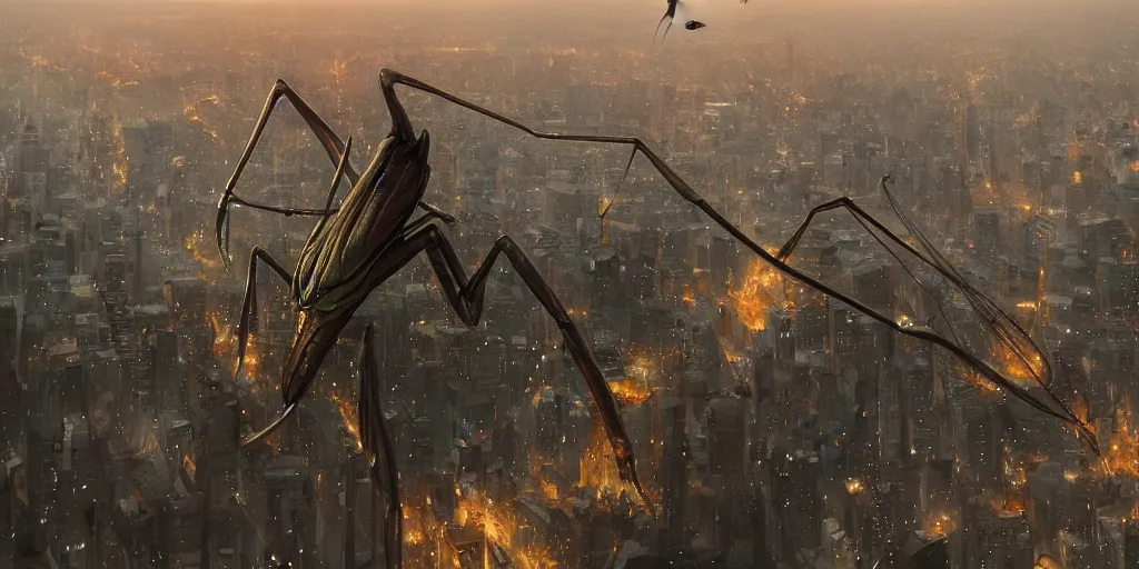 Prompt: giant Praying mantis attacking Tokyo, Greg Rutkowski, Frank Miller, trending on Artstation, 8K, ultra wide angle, establishing shot, pincushion lens effect, zenith view