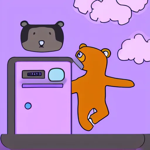 Image similar to cartoon bear wearing clothes being launched out of a futuristic machine into a purple and orange cloud land