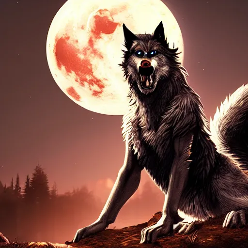 Prompt: werewolf, dramatic pose, full moon background, dramatic lighting, photorealistic uhd 8 k, award - winning videogame promotional art