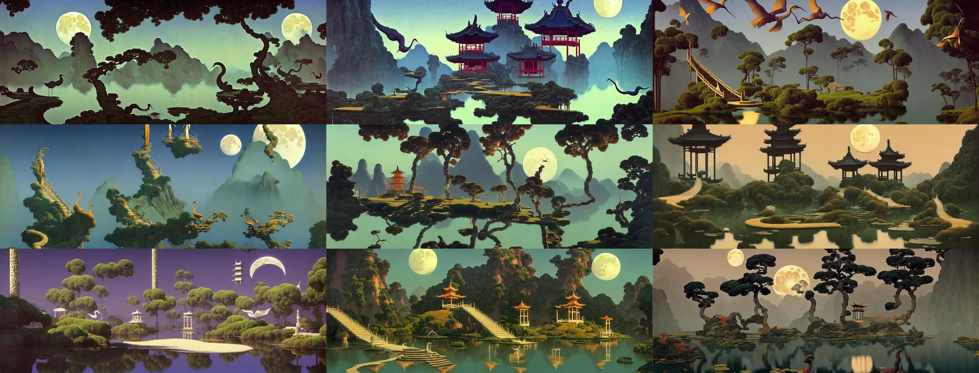 Prompt: a gorgeous landscape painting by barlowe wayne maxfield parrish and marco mazzoni. just one moon!! chinese temple. he winding steps. three cranes. ultra clear detailed. 3 d, octane render. turbulent blood lake. fog