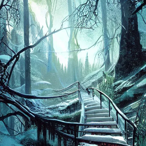 Image similar to stairs leading to a frozen derelict portal in a middle of a snowy lush futuristic forest, green lush world seen only through a portal, daylight, cinematic lighting, blue sky, syd mead, john harris