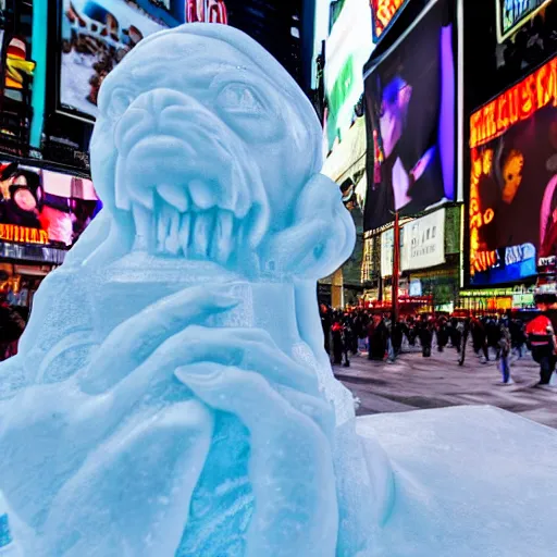 Image similar to snoop dog ice sculpture in times square, photorealistic, 8 k resolution, high detail