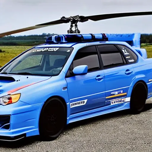 Image similar to a subaru WRX converted into a helicopter