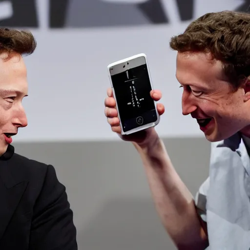 Image similar to elon musk and mark zuckerberg, one on each side, fighting over an iphone