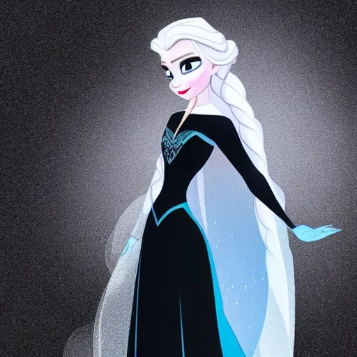 Prompt: a elsa from frozen with really long black hair with black ice and black snow powers