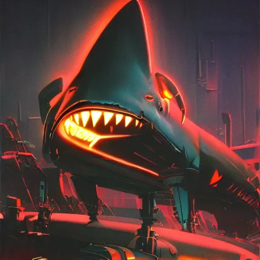 Image similar to a dark and colorful close - up of a sci - fi mecha shark robot with led lights glowing fog in the background. highly detailed science fiction painting by norman rockwell, frank frazetta, and syd mead. rich colors, high contrast, gloomy atmosphere, dark background. trending on artstation