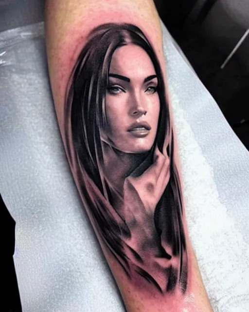 Image similar to creative double exposure effect tattoo design sketch of megan fox faded in beautiful mountain scenery, realism tattoo, in the style of matteo pasqualin, amazing detail, sharp