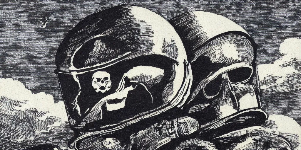 Image similar to etch portrait of a skull wearing a space helmet, in the style of goya etchings, scifi, big clouds visible in the background, stars in the sky, high contrast, deep black tones