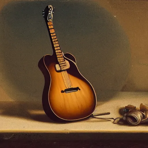 Prompt: still life of a guitar, matte painting, 1853, award-winning