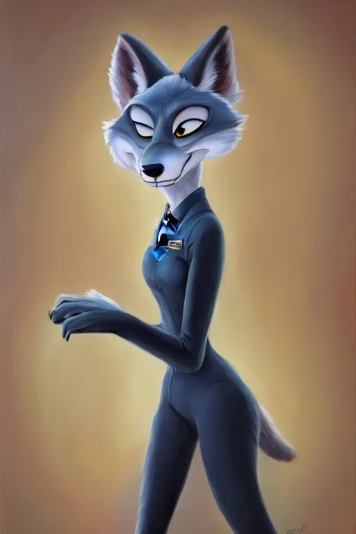 Image similar to oil painting of anthromorphic female wolf, in style of zootopia, female fursona, furry, furaffinity, 4 k, deviantart, furry art, fursona art, wearing black business suit, business suit, wolf fursona, female, smug expression,