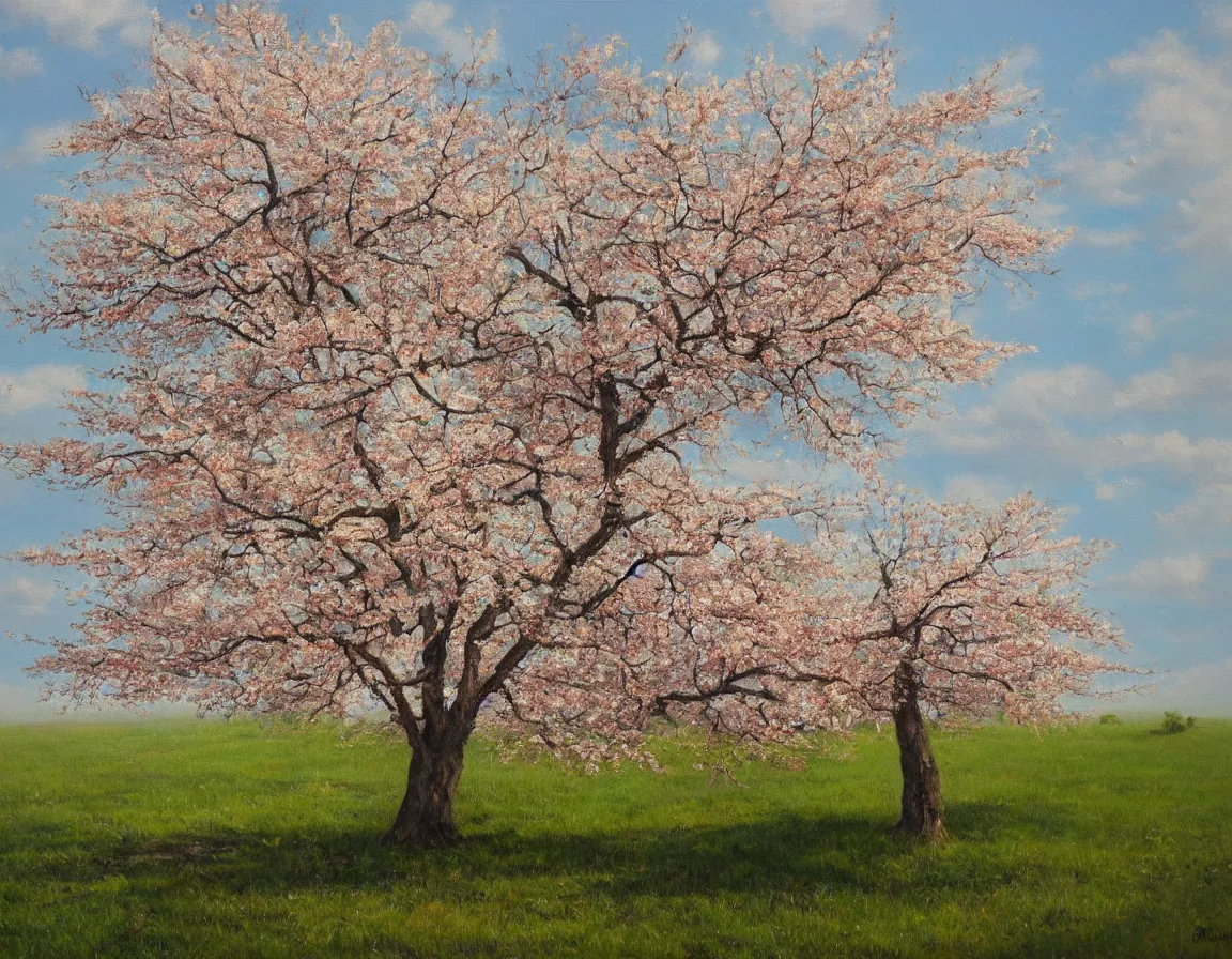 Prompt: hyper realistic oil painting of lonely fruit tree in blossom, hd, hdr, by stanisław wyspianski, ultra detailed, high resolution