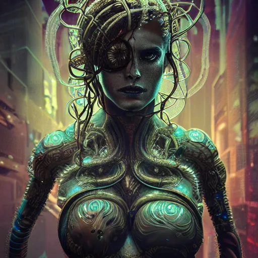 Prompt: Cyberpunk medusa, dark atmosphere, cinematic shot, intricate, ornate, photorealistic, ultra detailed, realistic, 35mm, photography, neon, octane, high definition, depth of field, bokeh, 8k, artstation, (alphonse mucha), hr giger