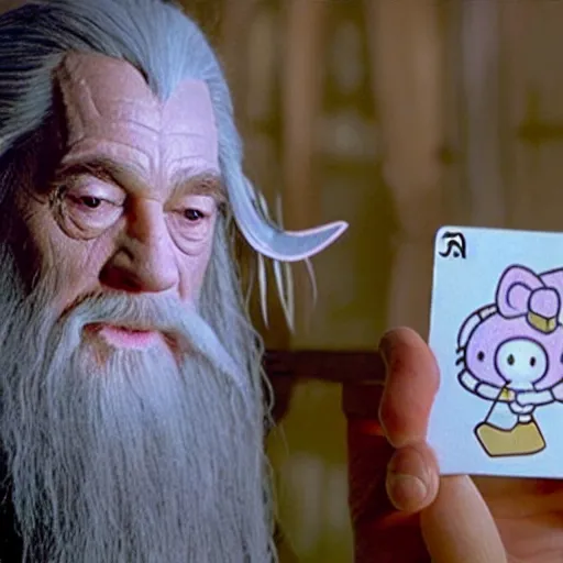 Prompt: portrait of gandalf, wearing a Hello Kitty costume, holding a blank playing card up to the camera, movie still from the lord of the rings
